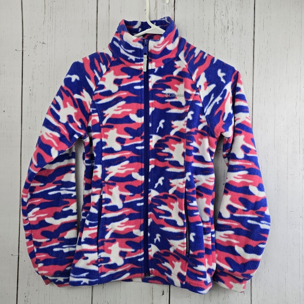 Columbia Fleece Jacket Girls 14/16 Pink Blue White Camo Full Zip Mock Neck